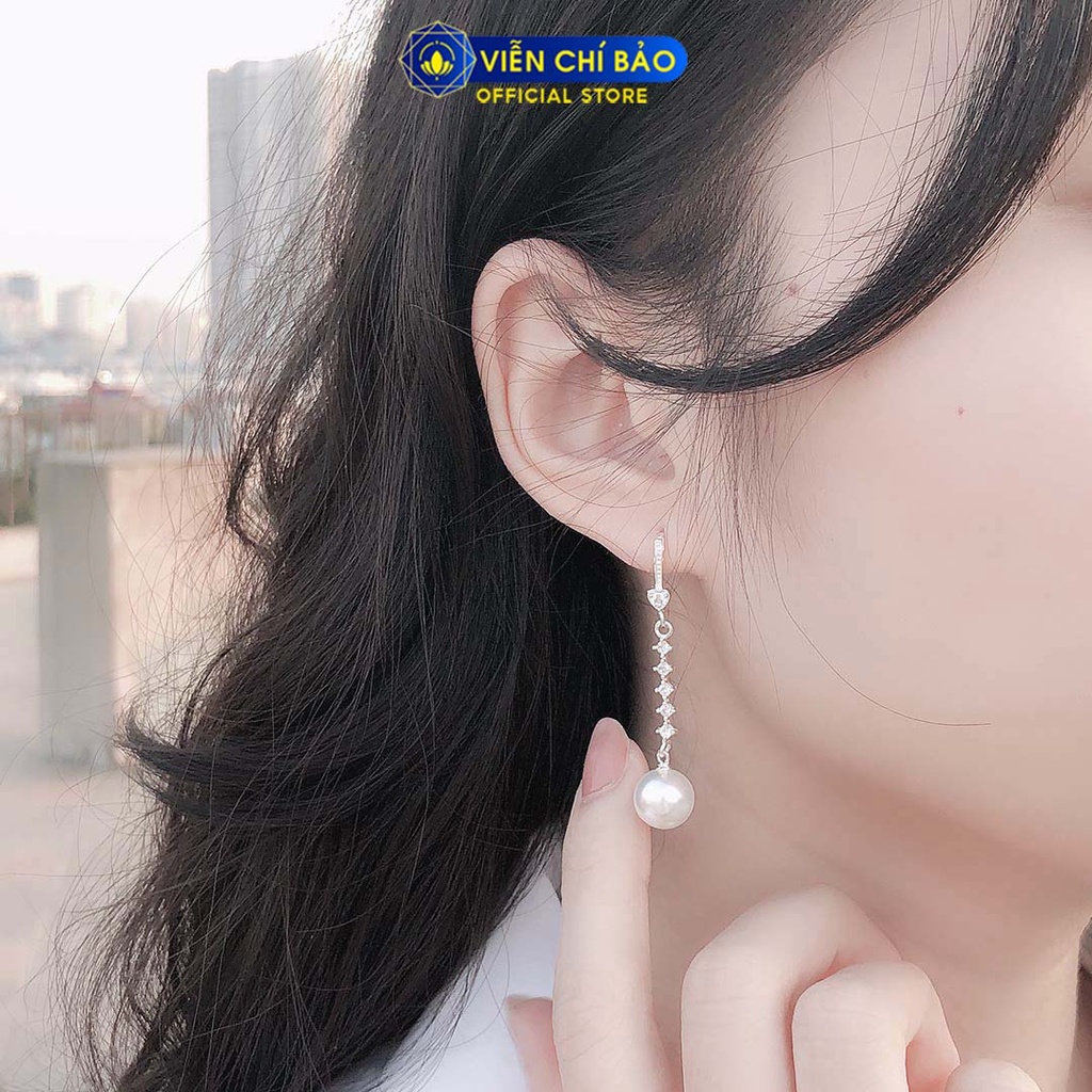 Bông tai bạc nữ Trái châu dạng thả đính đá chất liệu bạc 925 phụ kiện trang sức Viễn Chí Bảo B400150