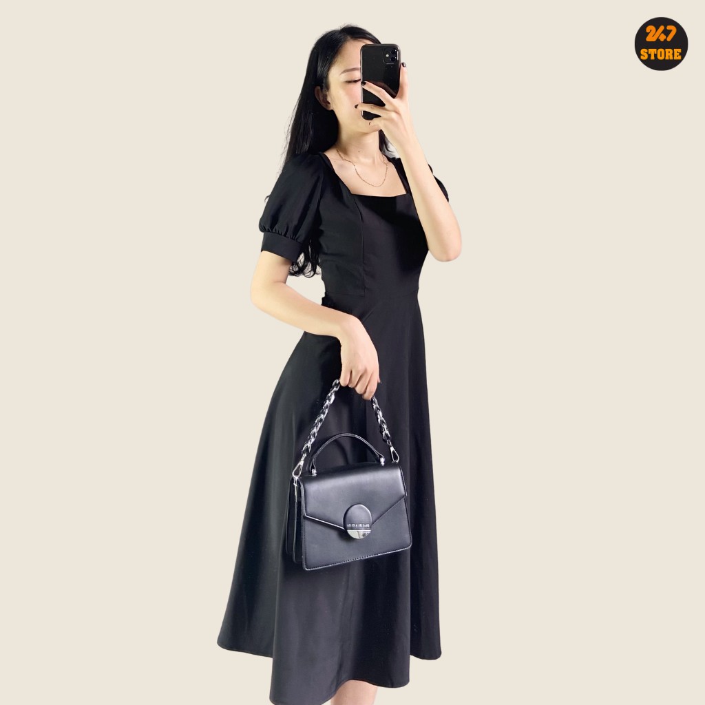 Váy Cổ Vuông Dáng Xòe Tay Bồng Cộc Tay 2 màu cực xinh 247store | BigBuy360 - bigbuy360.vn