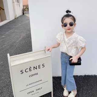 Set áo trắng cổ V quần xuông dài bé gái