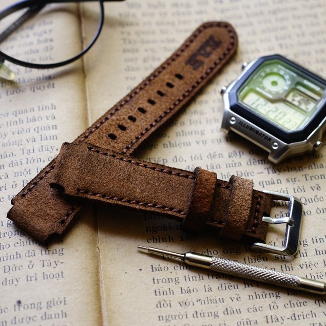 Dây đồng hồ RAM Leather 1960 cho CASIO 1200, AE 1200, 1300, 1100, A159 , A168 , Size 18 da bò lộn nâu