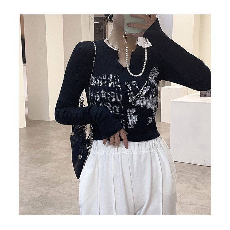 Áo Thun cotton Mỏng Tay Dài Cổ Chữ v Ôm Dáng In Chữ Thời Trang Mùa Xuân Hàn Quốc 2022 Cho Nữ