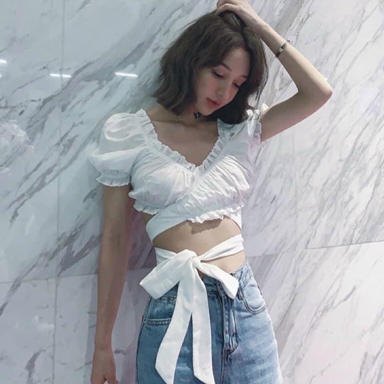 Áo kiểu croptop  dây dài viền bèo tay ngắn siêu hot