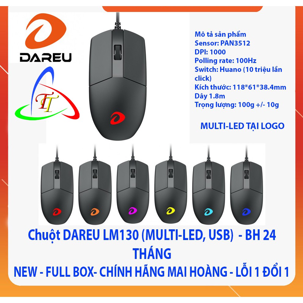 Chuột Chính Hãng Có Dây DAREU LM130 (MULTI-LED, USB) Rẻ Vô Địch,Bảo Hành 24 Tháng