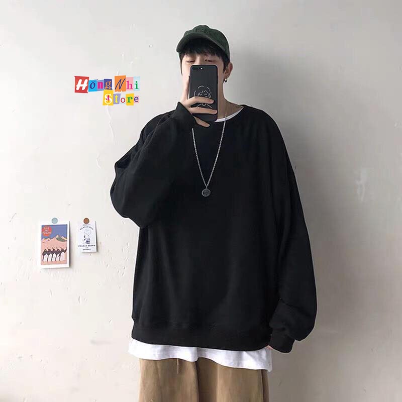 Áo Sweater Trơn Ulzzang Unisex Màu Đen Chất Nỉ Bông Cao Cấp Dáng Rộng Nam Nữ - MM