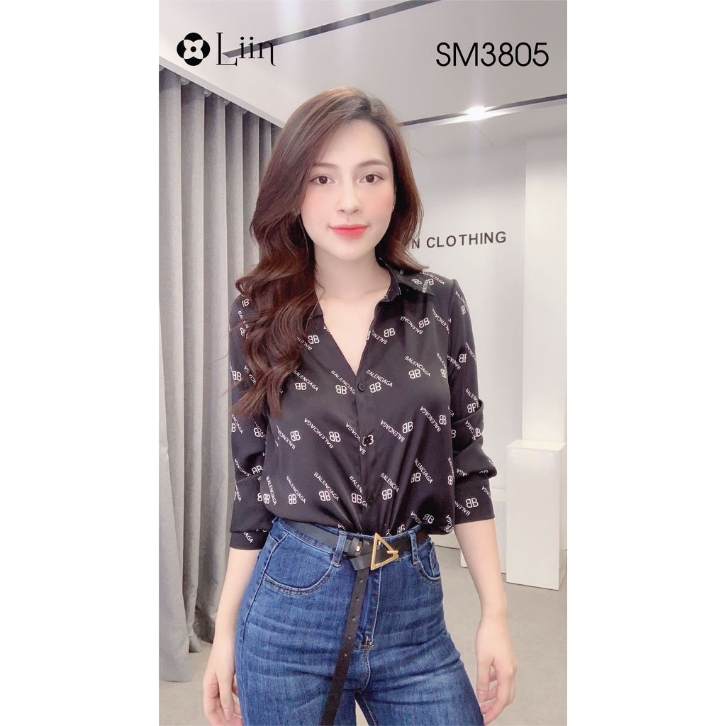 Áo Sơ Mi nữ màu Đen họa tiết Chữ cá tính, chất liệu lụa đẹp, dễ mix đồ Liin Clothing SM3805