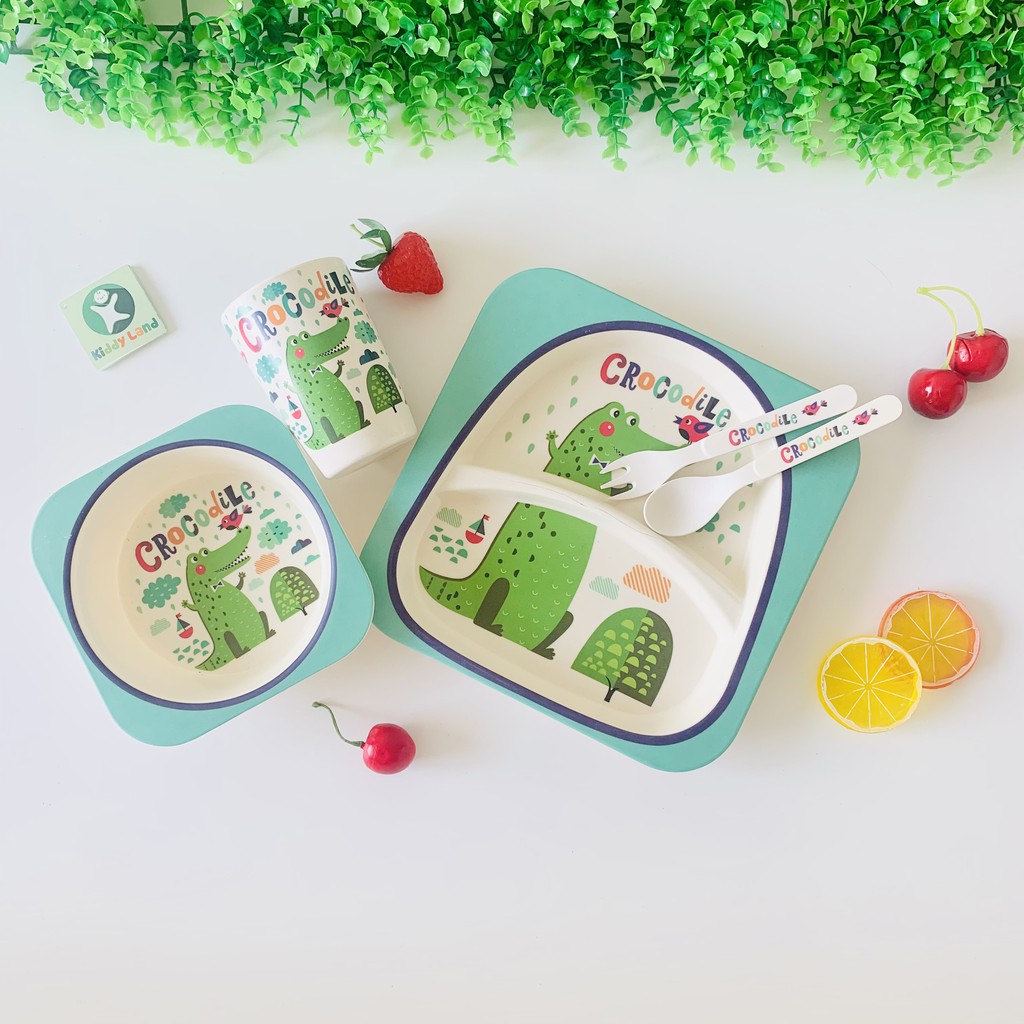 Bộ khay bát ăn dặm sợi tre BAMBOO hình thú - Set 5 chi tiết gồm khay, bát, cốc, thìa, dĩa cho bé tập ăn