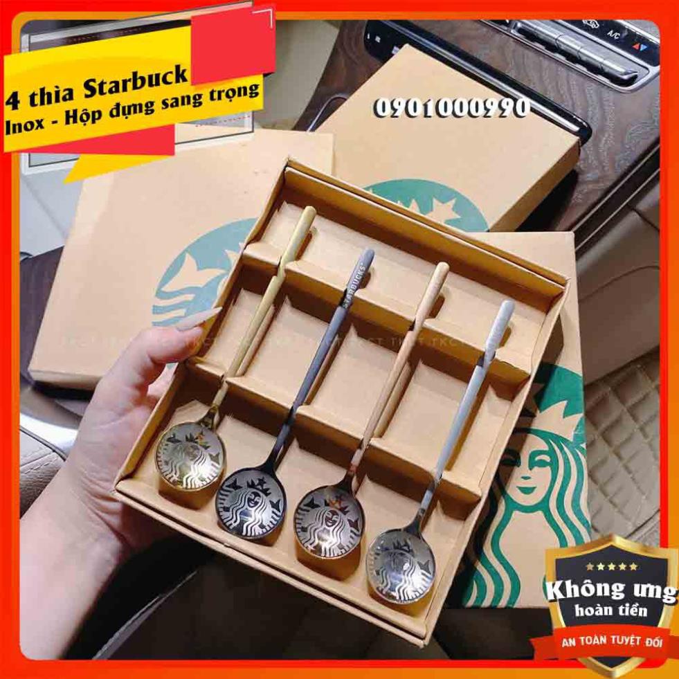 ⚡RẺ VÔ ĐỊCH⚡Set 4 thìa Starbuck - Inox 304 - In 4 màu dập chữ, in nổi logo - Hộp đựng Siêu sang - Siêu chảnh