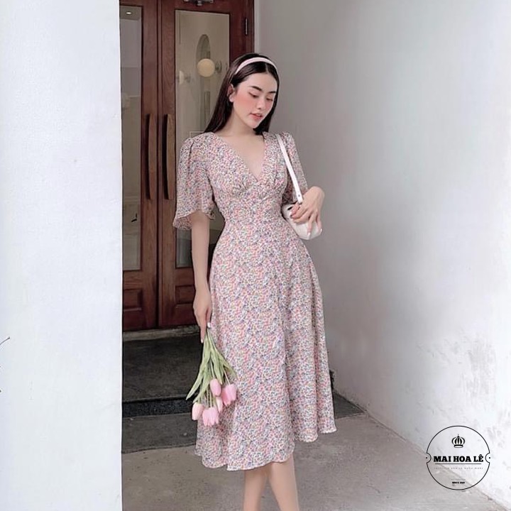 Váy đầm nữ hoa nhí cao cấp 👗𝐌𝐈𝐄̂̃𝐍 𝐏𝐇𝐈́ 𝐒𝐇𝐈𝐏👗Thiết kế cổ V, hoạ tiết vintage yêu kiều Full Size S M L