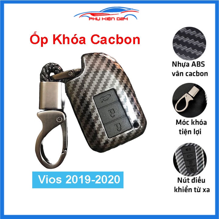 Ốp vỏ bọc chìa khóa xe Vios 2019-2020 sợi nhựa cacbon kèm móc treo Inox