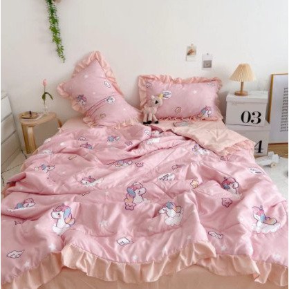 Sét Đũi Gồm Chăn Ga Gối Trần Viền Bèo HỌA TIẾT KỲ LÂN PONY Siêu Mềm Siêu Mát.Hình Họa Tiết Ngộ Nghĩnh.Changahn
