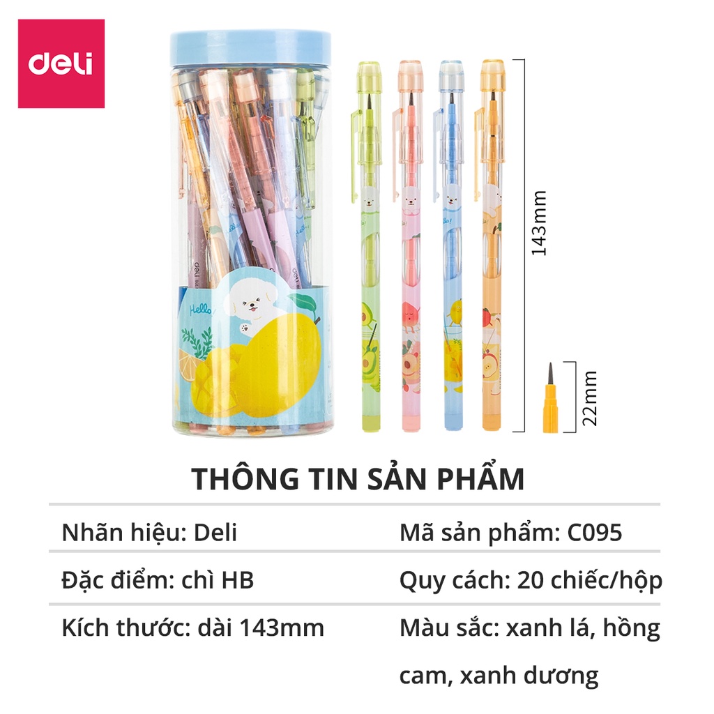 Bút chì khúc học sinh HB Deli kèm đầu tẩy màu ngẫu nhiên có thể thay thế ngòi, an toàn cho trẻ em khi sử dụng