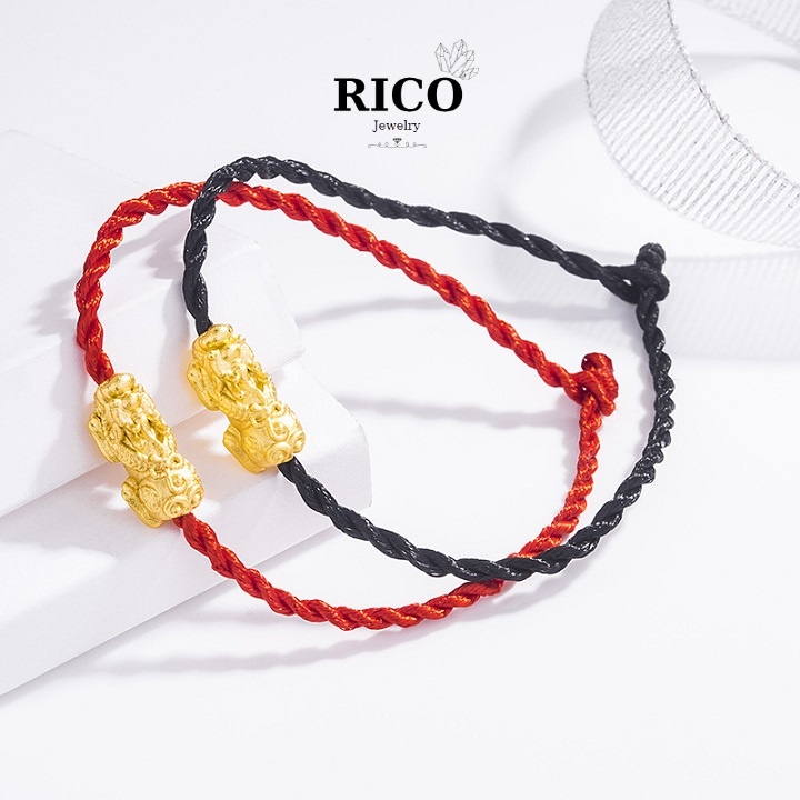 Vòng tay Chỉ đỏ may mắn mix bi bạc, bi vàng, Tỳ hưu thu hút Tài lộc May mắn - Phong Thủy RICO