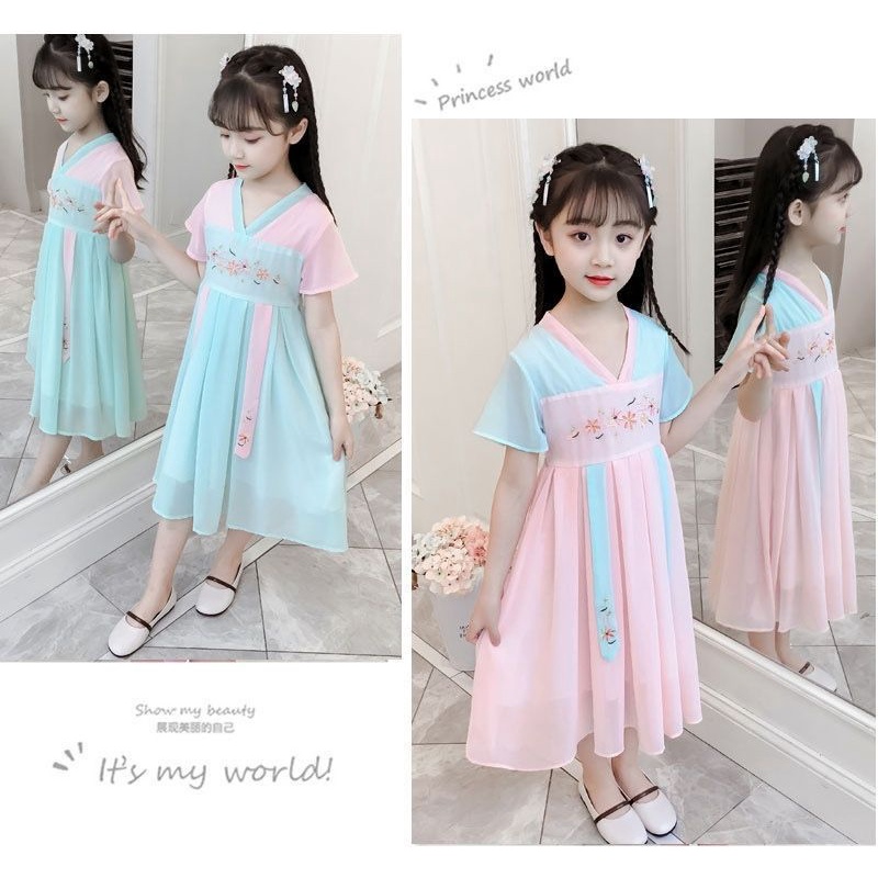 Cô gái hanfu mùa hè phong cách trung quốc váy cổ tích cô gái nhỏ váy voan cổ váy công chúa