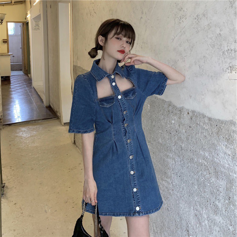 ♧▲▼Plus size của phụ nữ mùa hè phong cách mới Phiên bản Hàn Quốc ve áo cắt không khí chất lượng A-line váy de