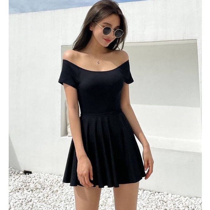 [BIKINI 1 MẢNH NỮ] Đồ bơi liền mảnh trễ vai tay con kín đáo mặc được nhiều kiểu màu đen sang chảnh