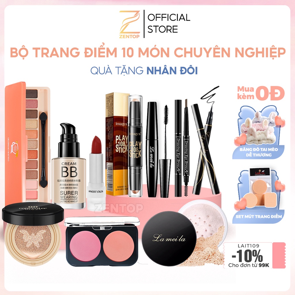 Bộ trang điểm 10 món từ a-z Phấn phủ Kem nền Phấn má Phấn mắt Son lì Mascara Chì kẻ mày Kẻ mắt Bút tạo khối Zentop