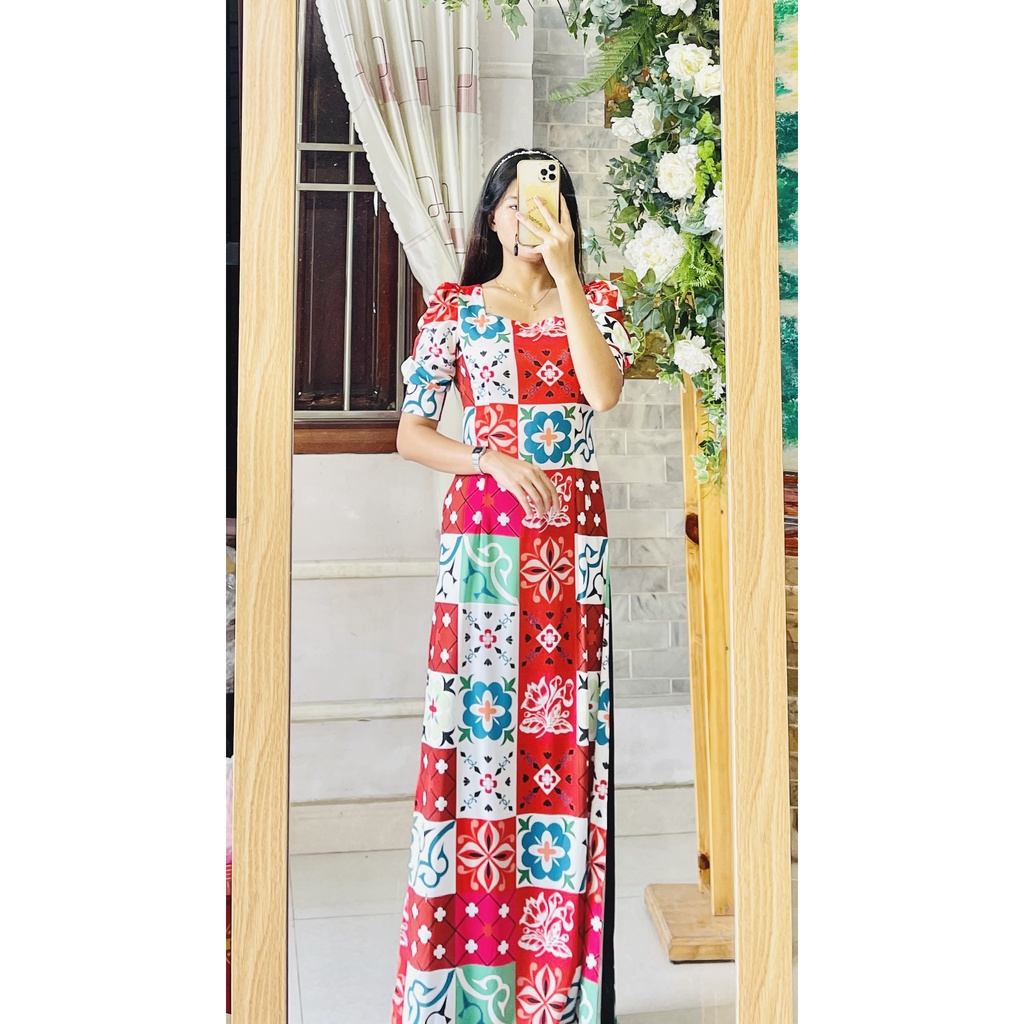 Áo dài gạch bông cô ba sài gòn - áo tay bồng tay phồng