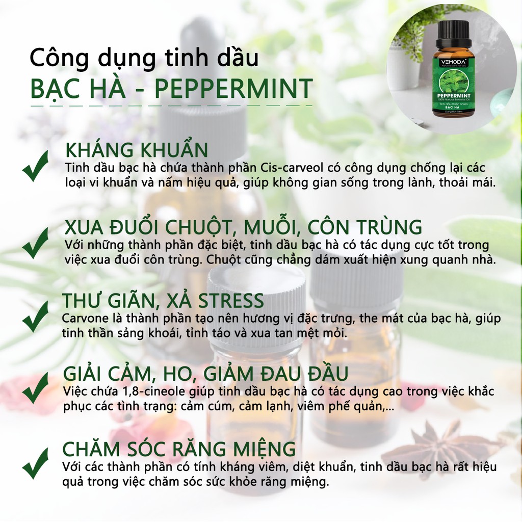 Tinh dầu Bạc hà Vemoda 30ML giúp thư giãn, tăng khả năng tập trung, khử mùi, thanh lọc không khí