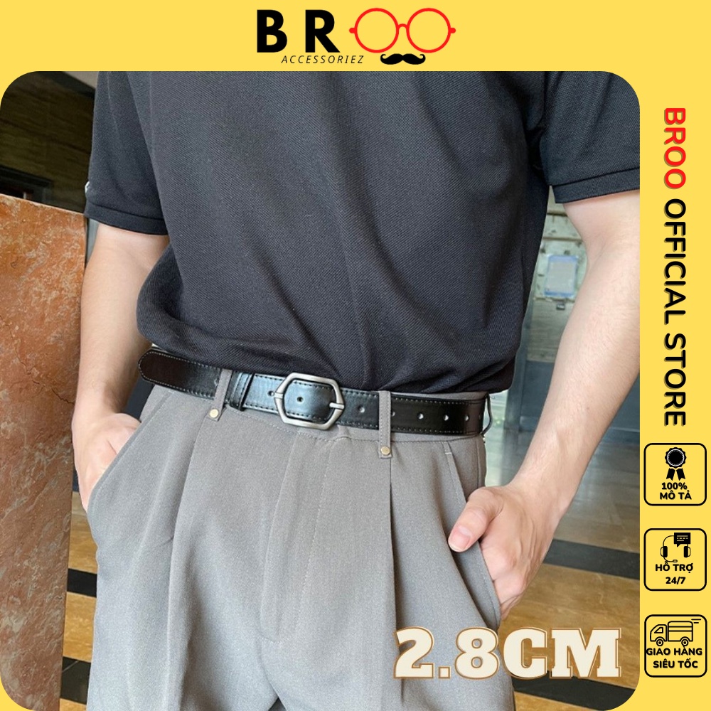 Thắt lưng nam BROO bản nhỏ 2.8cm màu đen mặt lục giác đẹp, dây nịt ulzzang da pu cao cấp