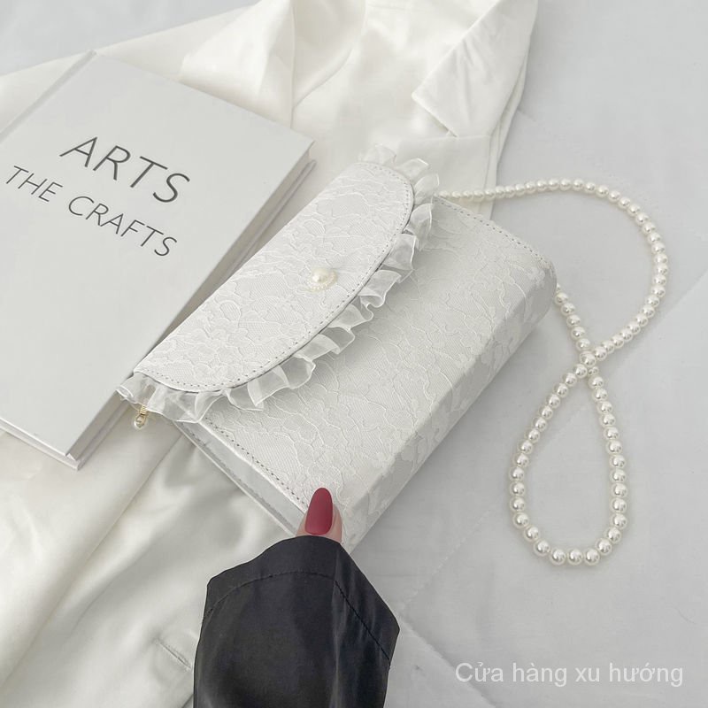 Túi đeo chéo vai hình vuông nhỏ phối ren và ngọc trai nhân tạo phong cách Nhật Bản thời trang 2022 cho bạn nữ