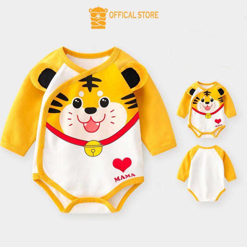 Bodysuit dài tay sơ sinh Lotuka hình thú dễ thương, bộ liền thân hè thu cúc chéo cho bé từ 3-12kg