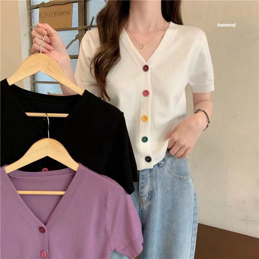 Áo Thun Len Cardigan Tay Ngắn Cổ Tim 5 Cúc Nhiều Màu