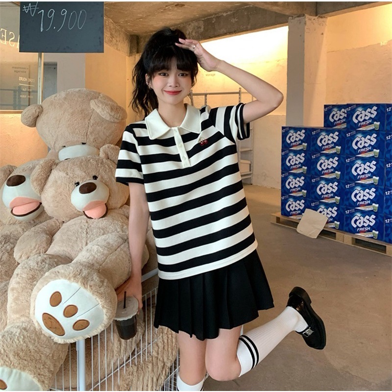 Áo Thun POLO Dệt Kim Tay Ngắn Dáng Rộng Thêu Họa Tiết cherry Dễ Thương