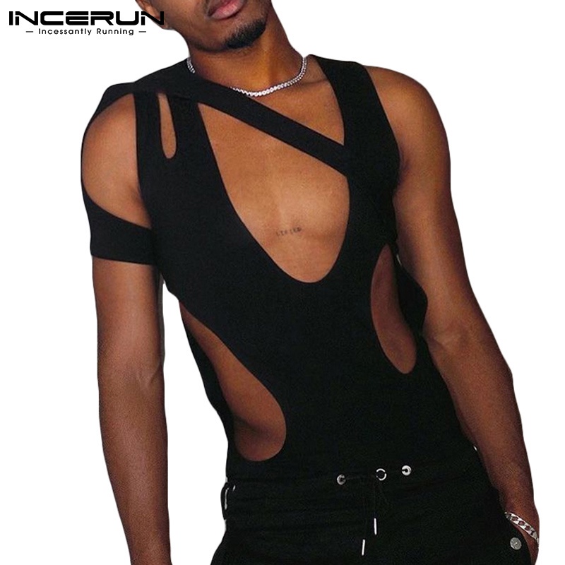 Áo liền quần INCERUN dành cho nam thiết kế tay ngắn cắt lỗ quyến rũ thời trang màu đen