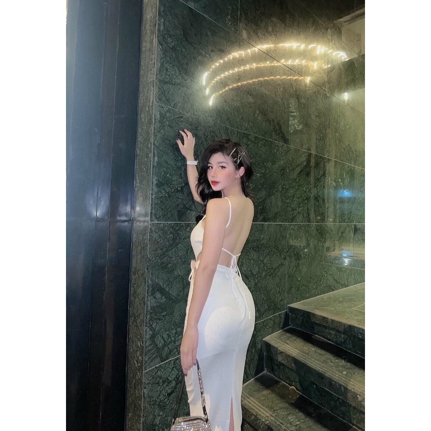 Đầm 2 dây nhíu ngực hở lưng cột dây khoét eo 2 dây ngang eo xẻ tà sau cực sexy , chất thun gân dày dặn mk