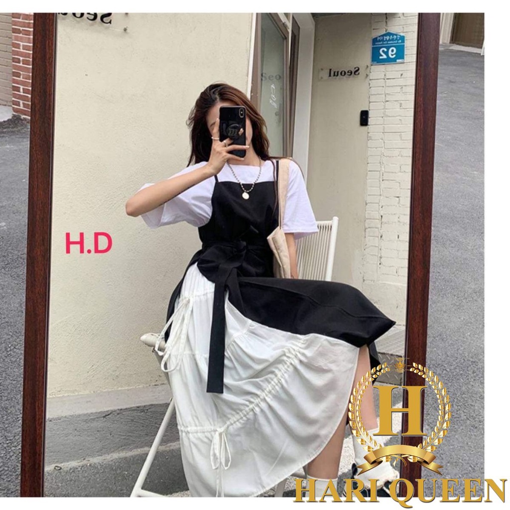 Sét yếm buộc eo phối váy trắng HARIQUEEN
