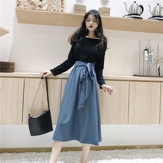 [CÓ ẢNH THẬT] Váy liền giả set áo dài tay + chân váy dài thắt nơ