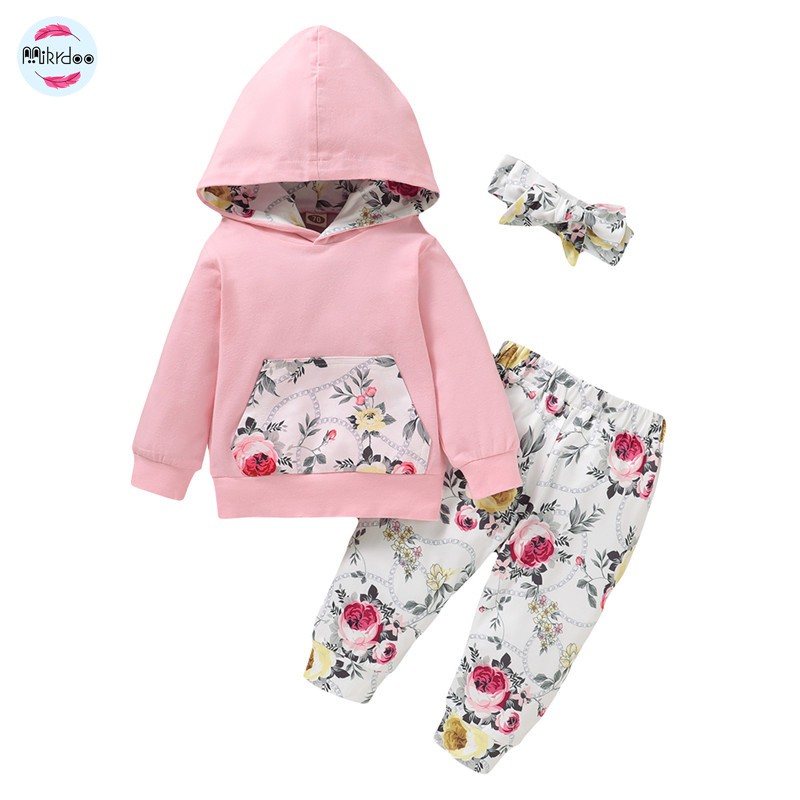 Bộ đồ Mikrdoo gồm 3 món áo hoodie dài tay + quần dài họa tiết hoa + băng đô thời trang mùa thu cho bé