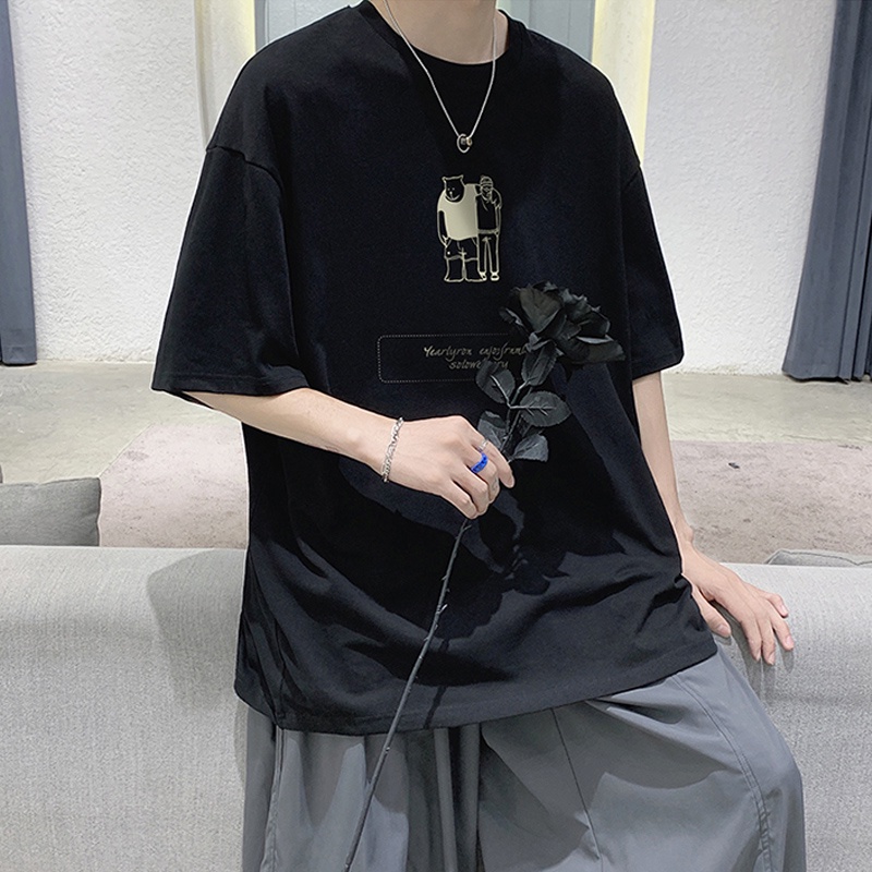 Áo Thun Tay Ngắn Dáng Suông In Họa Tiết Đơn Giản Phong Cách Hàn Quốc Harajuku Size M-5XL Dành Cho Nam Nữ