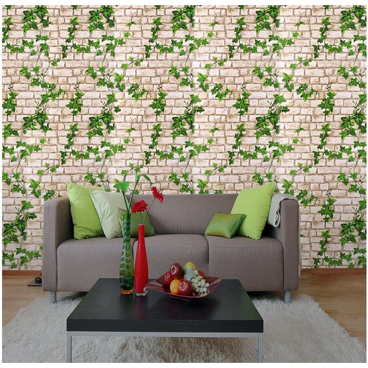 Decal giấy dán tường đá dây leo xanh khổ rộng 45cm