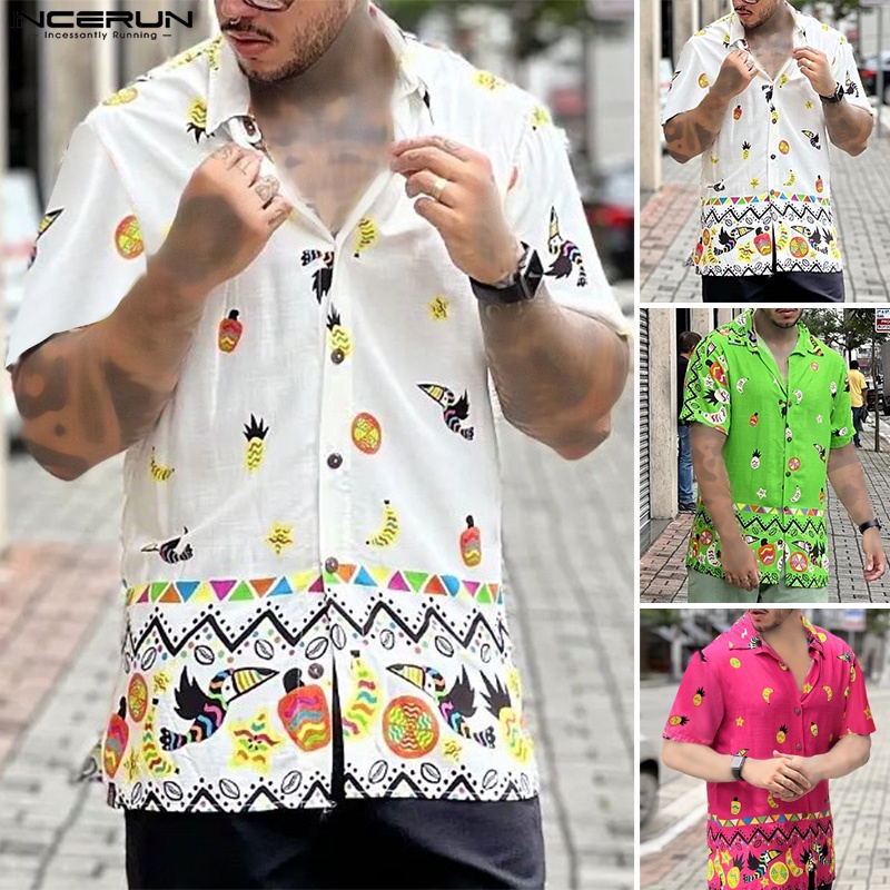 Áo sơ mi INCERUN tay ngắn cài nút họa tiết thổ cẩm vintage cổ điển dành cho nam