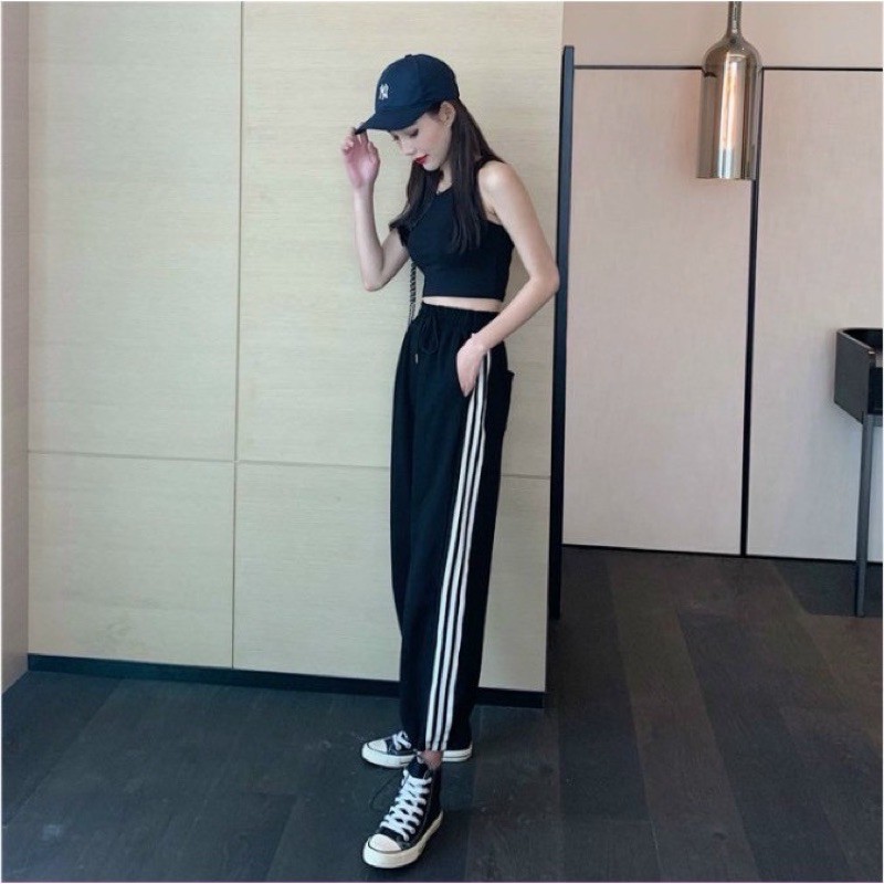 Quần thể thao ống rộng 3 sọc bo gấu chất umi hàn cao cấp_Q003