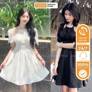  Váy nữ cổ yếm buộc dây trễ vai tay phồng TaZiNi ,đầm dự tiệc dáng xòe bánh bèo tiểu thư hottrend - mã SP001079 