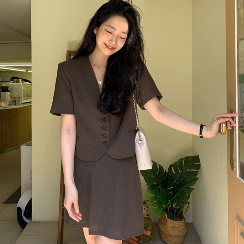 Áo khoác ngắn dáng rộng/ Chân váy eo cao đơn giản phong cách Hàn Quốc retro 43184