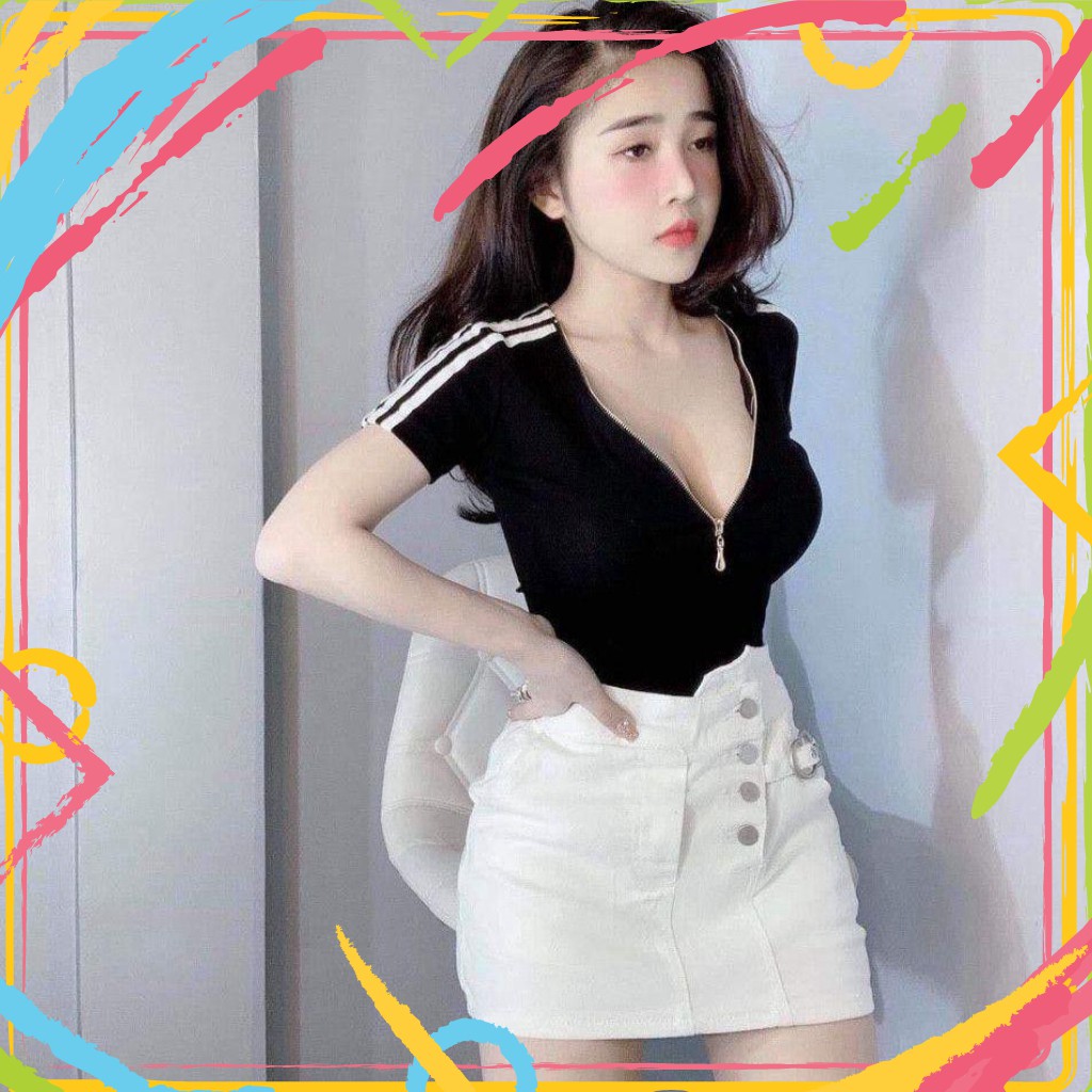 Xả Hết 11439 Áo thun ôm body dây kéo ngực tay sọc sexy Xả Hết