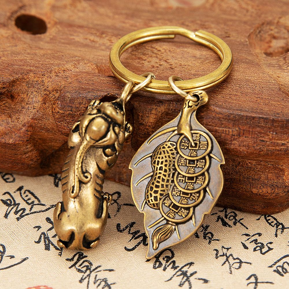 Móc chìa khóa bằng đồng thau nguyên chất thiết kế phong cách Trung Quốc