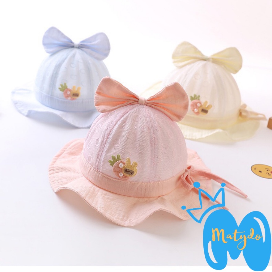 Mũ cho bé gái bé trai nón vành tròn hình nơ cotton lưới có dây rút điều chỉnh phụ kiện cho bé từ 0-2 tuổi