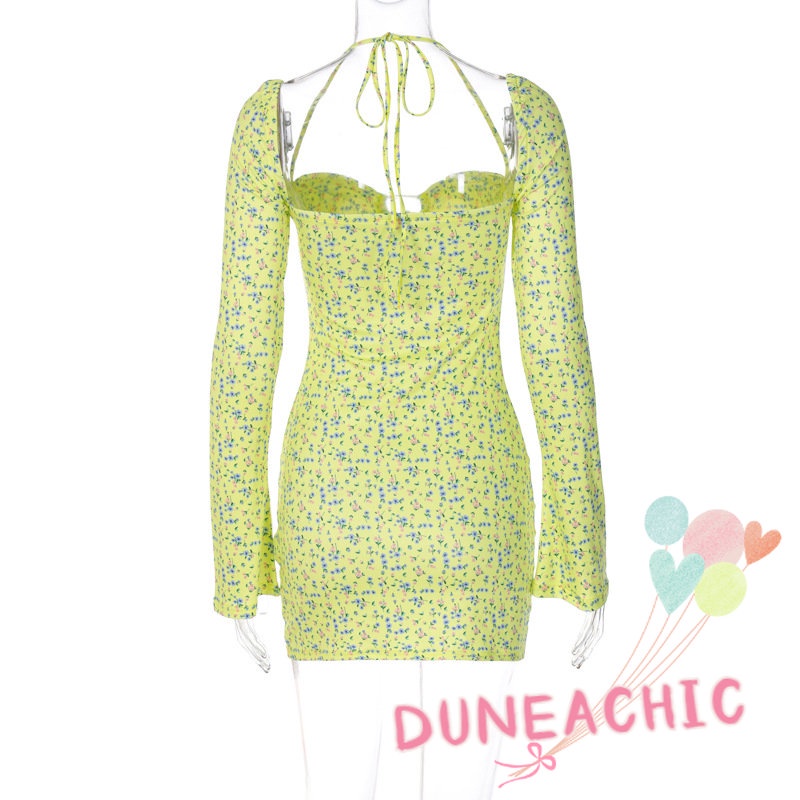 DUNEA Đầm Dài Tay In Hoa Với Thiết Kế Cổ Yếm Xinh Xắn Dành Cho Nữ