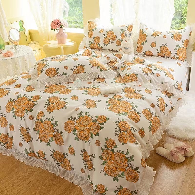 Bộ chăn ga kèm 2 vỏ gối COTTON TICI ĐŨI viền bèo vintage ( ko kèm ruột) | BigBuy360 - bigbuy360.vn