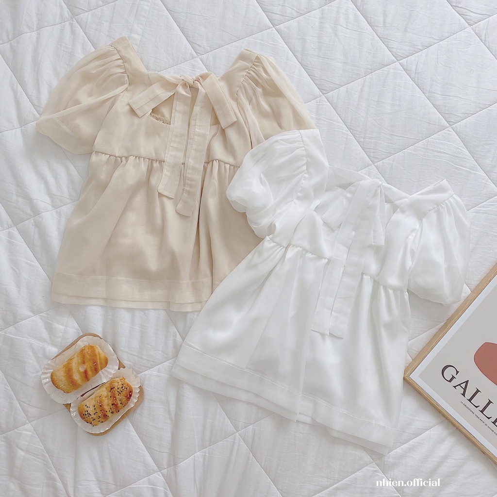 Áo kiểu cổ vuông cột nơ sau nữ nhiennhienvintage BA82