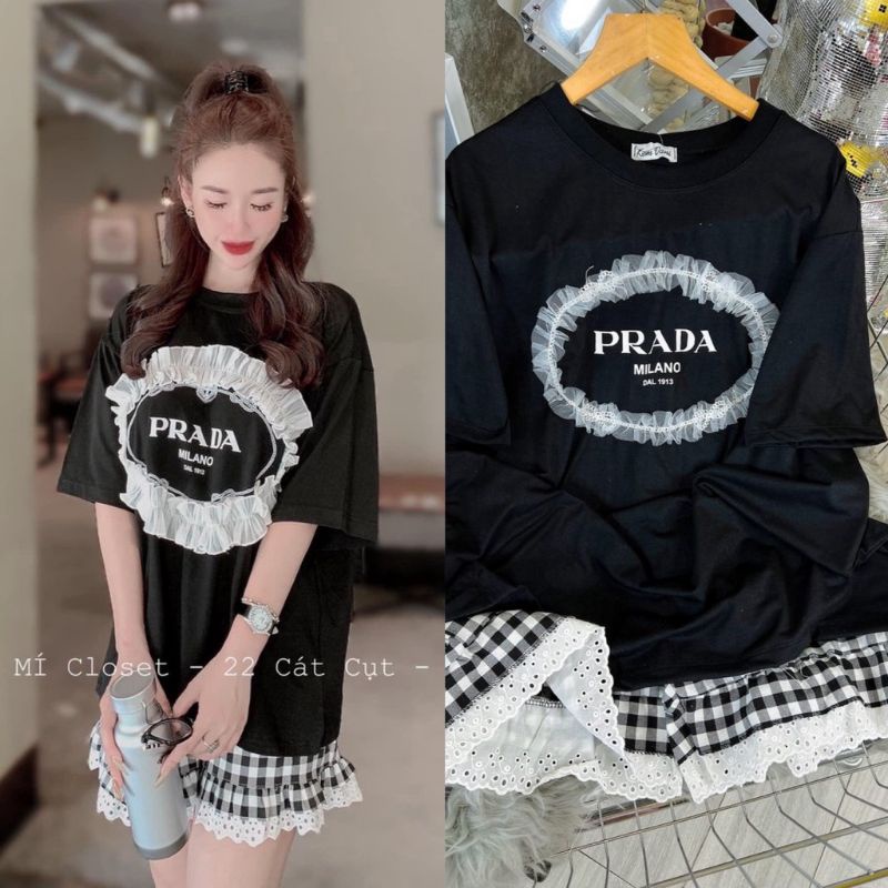 Set đùi quần caro kèm áo thun in chữ Pra.da (kèm ảnh thật)