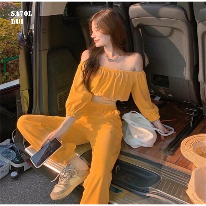 set áo vai nẹt crop tay dài+ quần suông trơn cá tính 041021