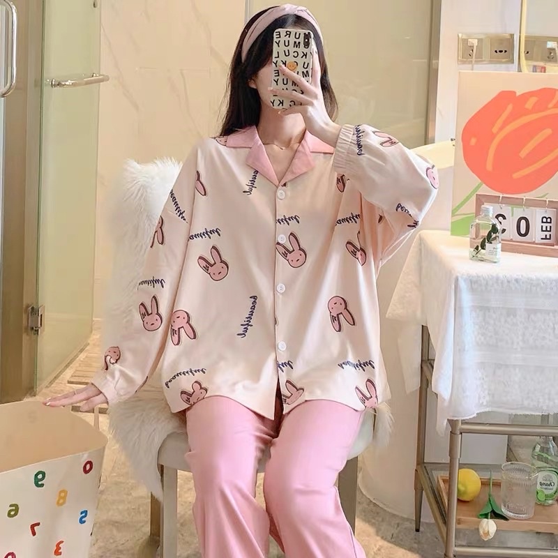 Bộ Ngủ Pijama Dài Tay Thỏ Hồng Xinh Xắn Mặc Nhà Form Rộng | BigBuy360 - bigbuy360.vn