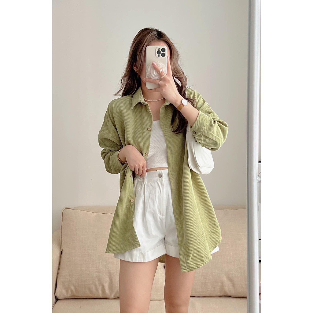 Áo sơ mi nữ nhung tăm form rộng tay dài khoác ngoài bigsize LAVILO SM09