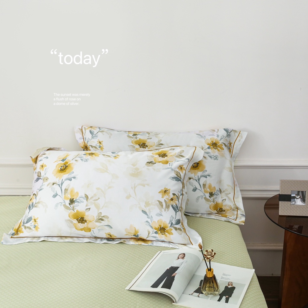 Bộ chăn ga gối 4 món cao cấp 100%Tencel 60s, Họa tiết Hoa Bò cạp vàng, chất liệu siêu mềm mát mịn