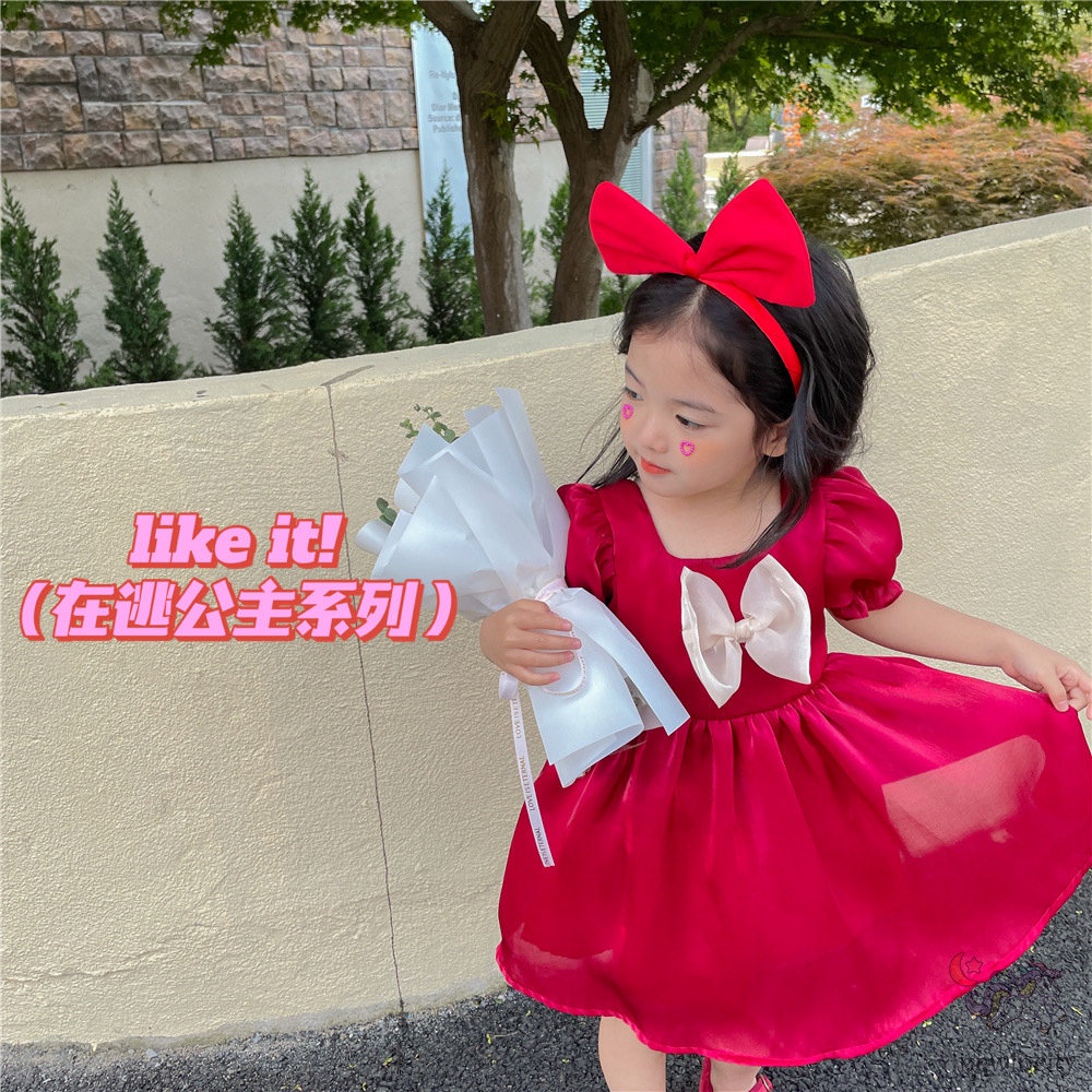 Đầm Công Chúa Tay Phồng Cổ Vuông Thắt Nơ Phong Cách Hàn Quốc Xinh Xắn Cho Bé Gái